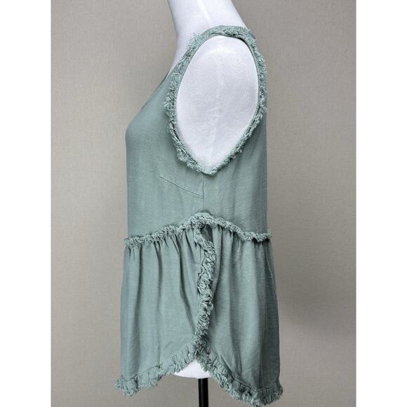 Umgee Linen Cotton Blend Sz S Boho Tank Top Green Raw Fringe Trim Beach Peasant - Picture 8 of 13